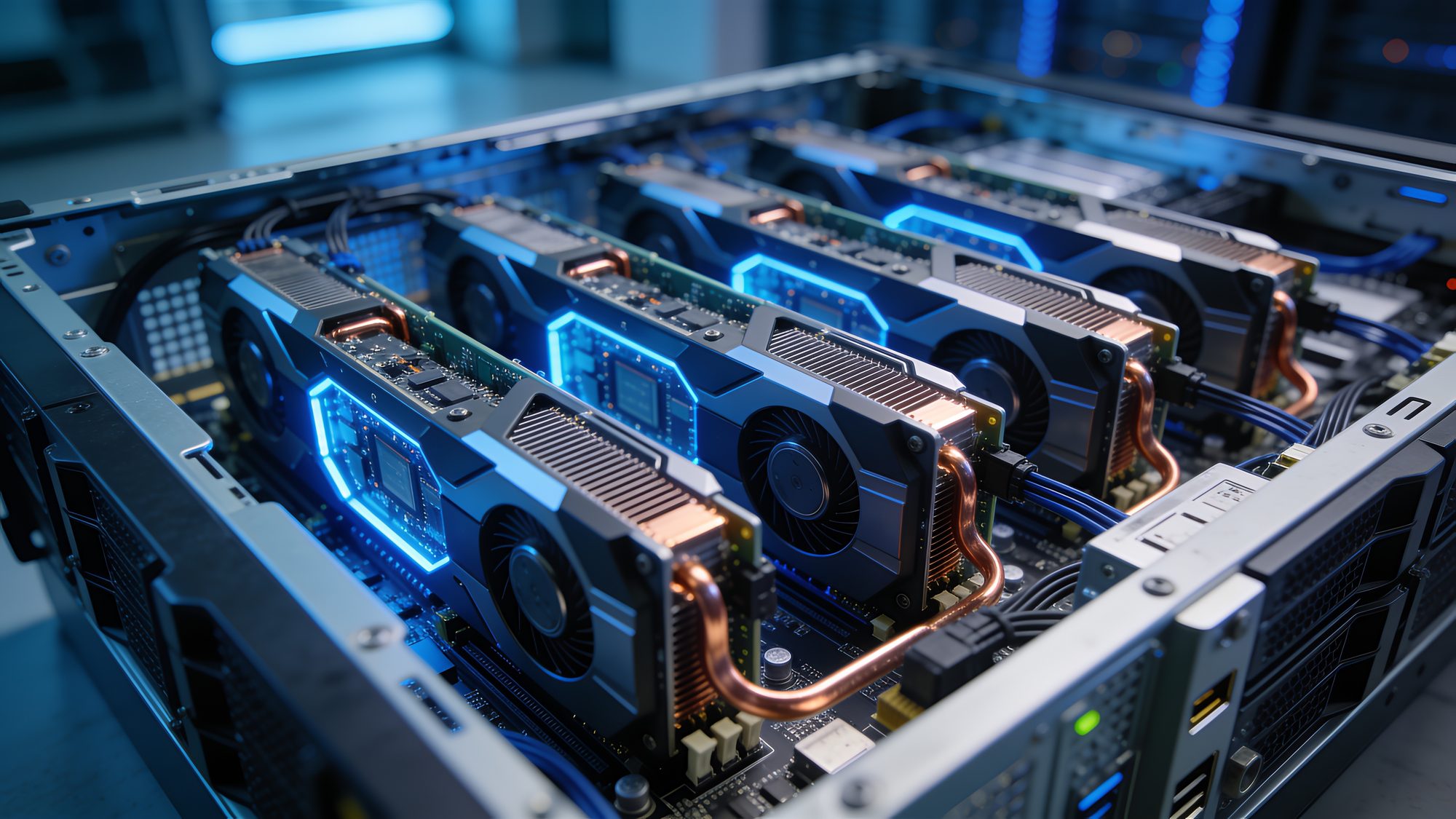Multiple GPU accelerator cards installed in a Supermicro style server chassis